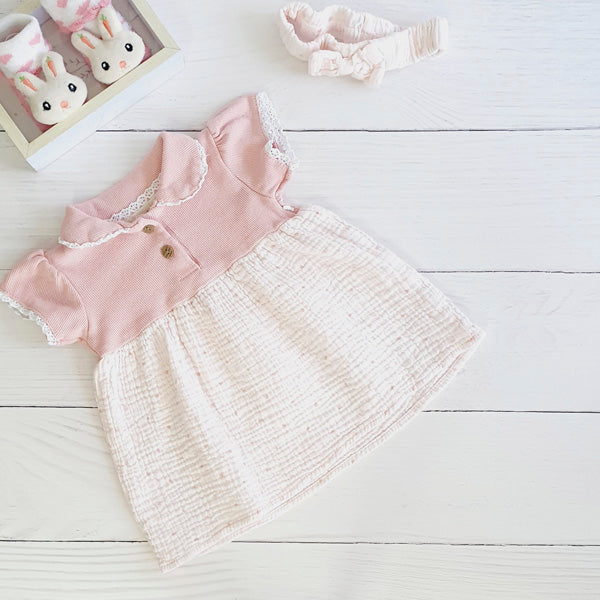 Vestido Algodón Rosa Marca Tribu 3-6 M Estado Tiki taka