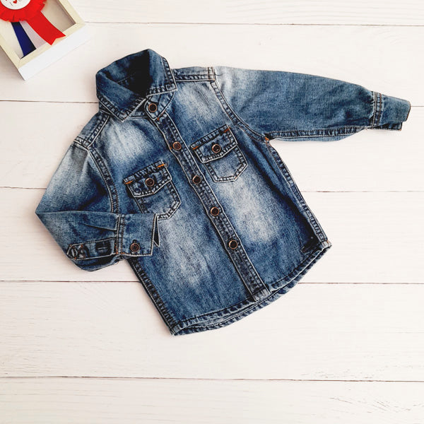 Camisa Algodón Azul Marca Baby harvest 6-9 M Estado Tiki taka