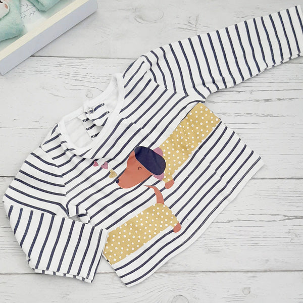 Polera algodón blanca con rayas y perrito salchicha 6-9 meses Marca Otra Estado Casi tiki
