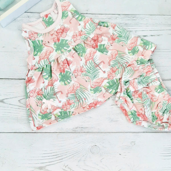 Vestido algodón con flamencos y flores rosadas mas cubrecalzón RN Marca Limonada Estado Tiki taka
