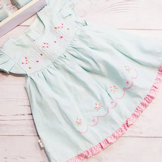 Vestido tela verde agua con flores bordadas 6-9 meses Marca Genérica Estado Tiki taka