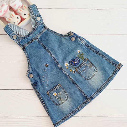 Vestido tipo jumper mezclilla flores bordadas 2-3 años Marca Otra Estado Tiki taka