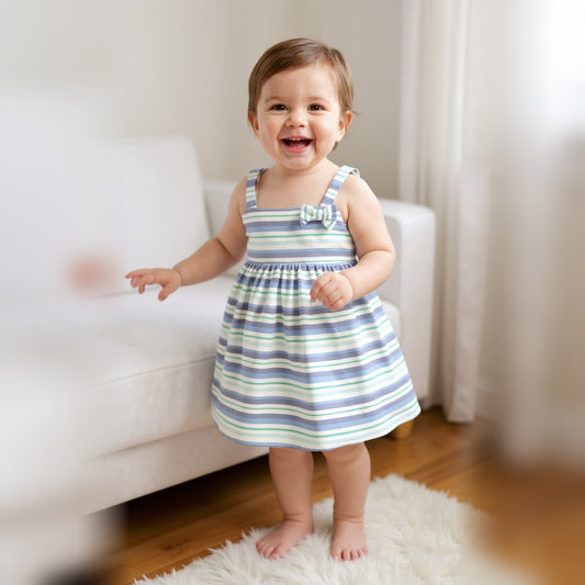 Niña usando vestido manga corta tela multicolor talla 12 M