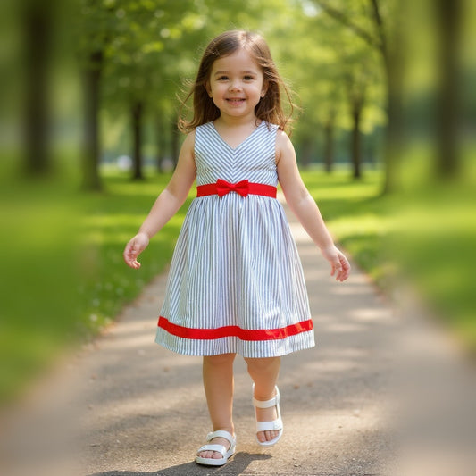 Niña usando vestido manga corta forrado multicolor talla 6 A