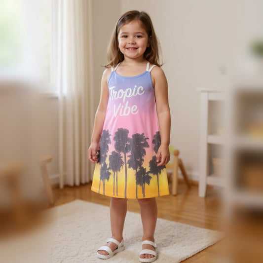 Niña usando vestido manga corta algodón multicolor talla 5 A