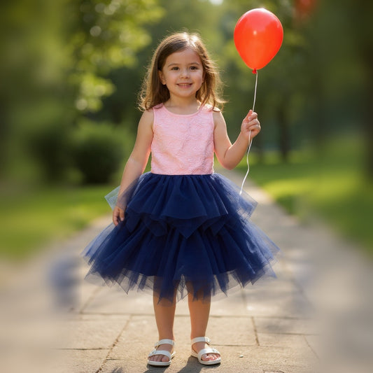 Niña usando vestido manga corta tul multicolor talla 6 A