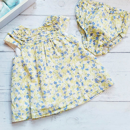 Vestido tela color verde limón con flores y calzón 3-6 meses Marca Zara Estado Tiki taka