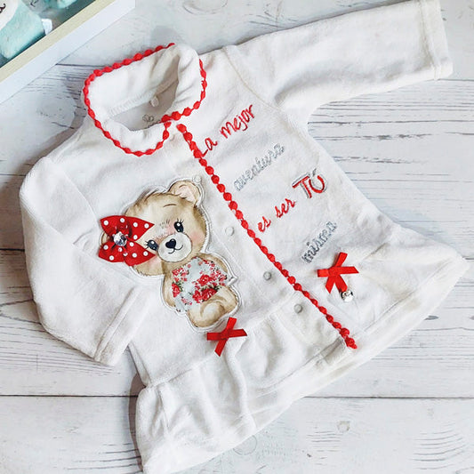 Polerón de plush blanco con toques rojos de 9 meses Marca Limonada Estado Tiki taka