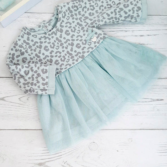 Vestido algodón con tull celeste y diseño animal print 3 meses  Marca Limonada Estado Tiki taka