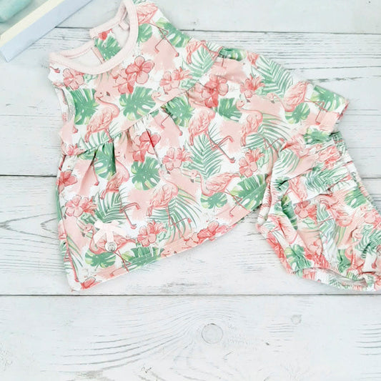 Vestido algodón con flamencos y flores rosadas mas cubrecalzón RN Marca Limonada Estado Tiki taka