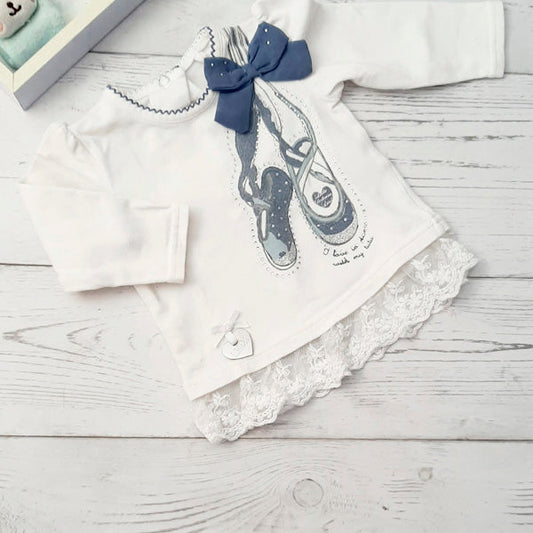 Polera algodón blanca con encaje y diseño de zapatillas de ballet 6 meses Marca Limonada Estado Casi tiki